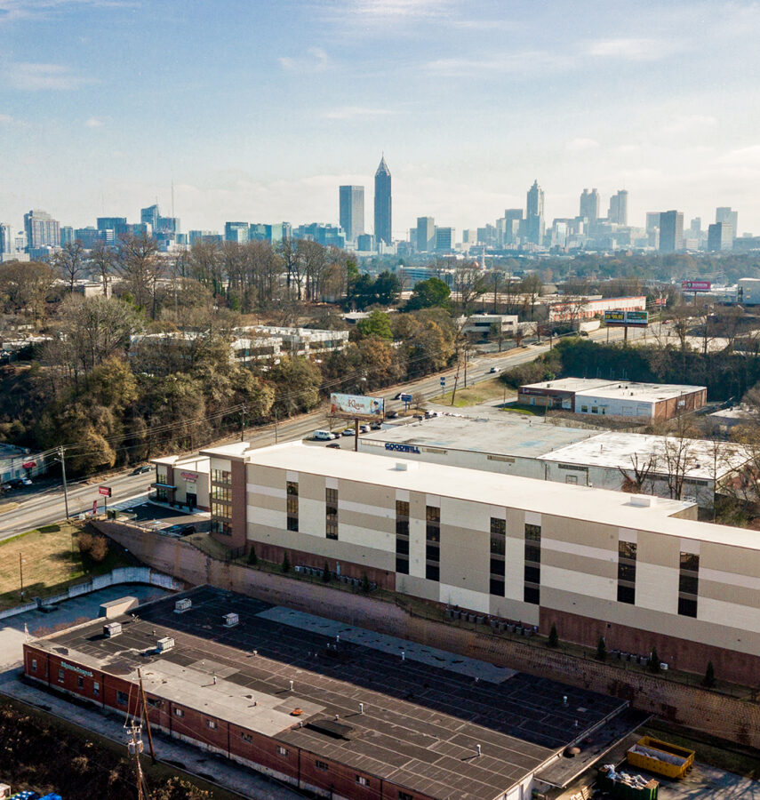 CubeSmart aerial photo of facility and Atlanta Skyline
